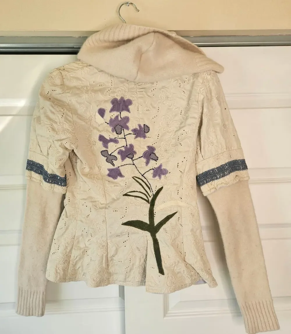 Vintage POPPY California Eyelet Lace Knit Wool Patchwork Flower Hooded Jacket S